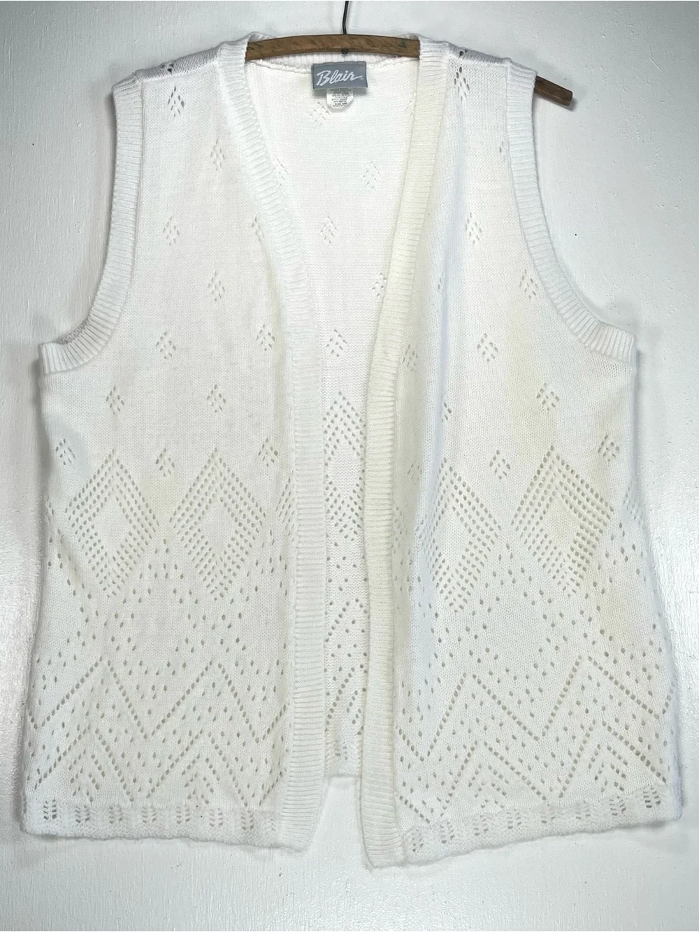 Blair Vintage White Pointelle Knit Open Front Sweater Vest Medium Crochet Boho